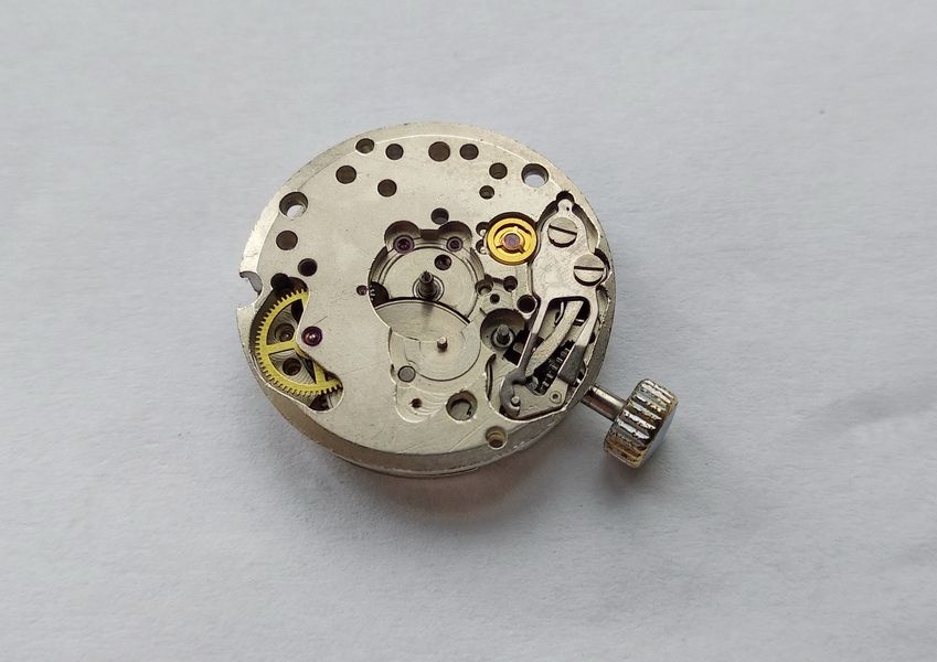 Dial side of the Luch 1809 with the motion works removed and the keyless works still assembled