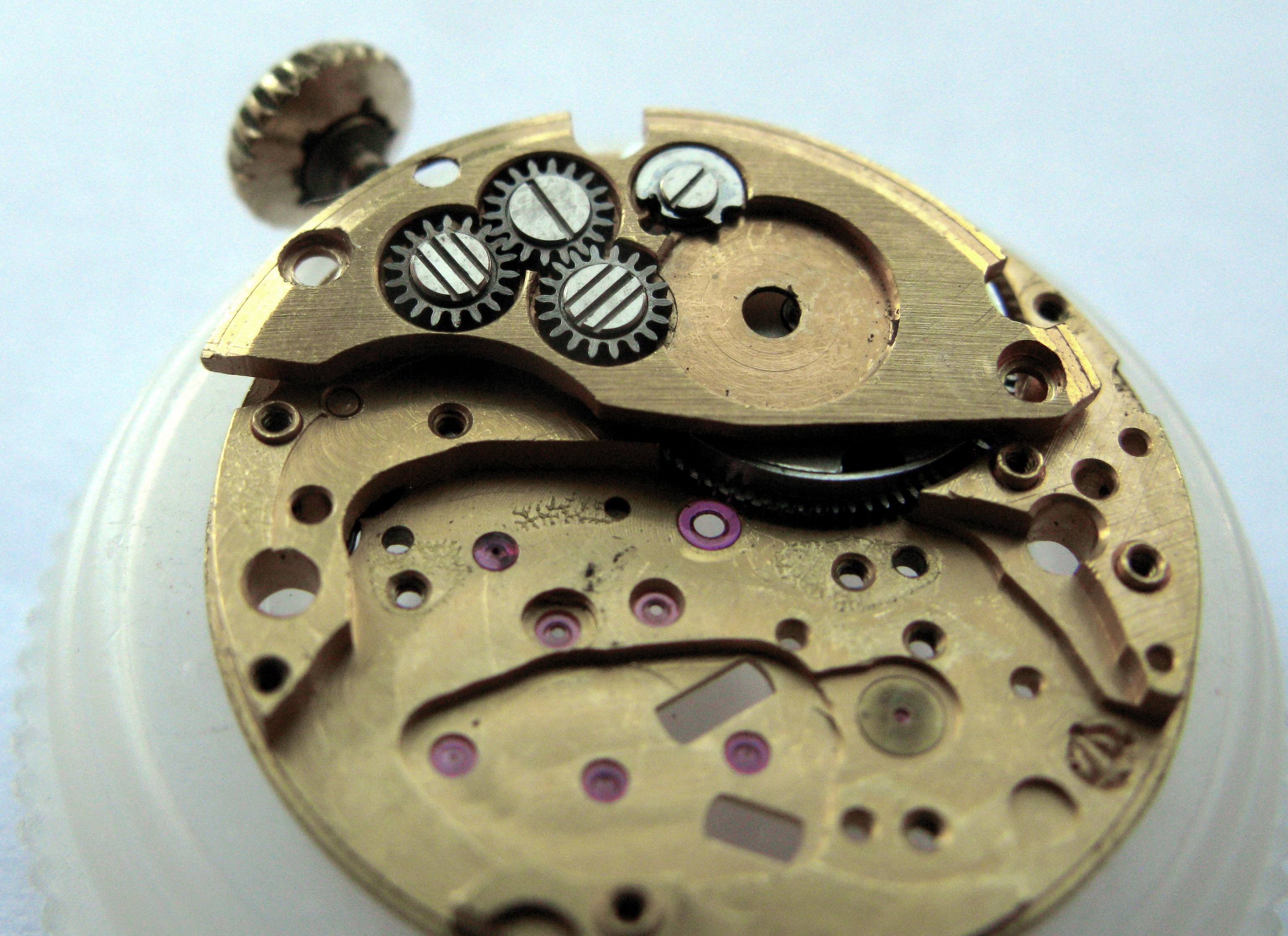 The transmission wheels and bridge of the winding work with their screws visible.