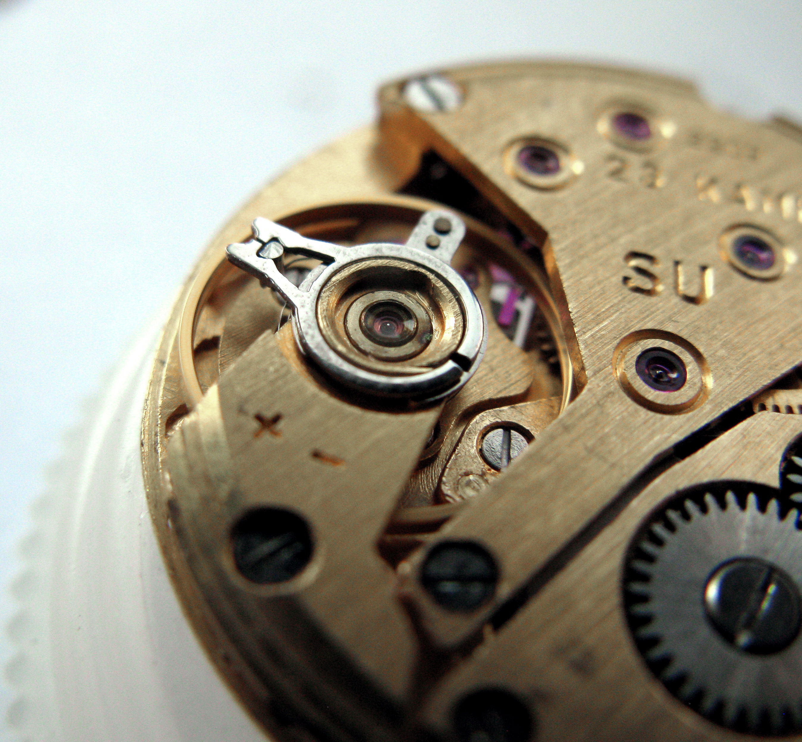 The star-shaped shock spring seated in the lower setting on the engraved mainplate side.