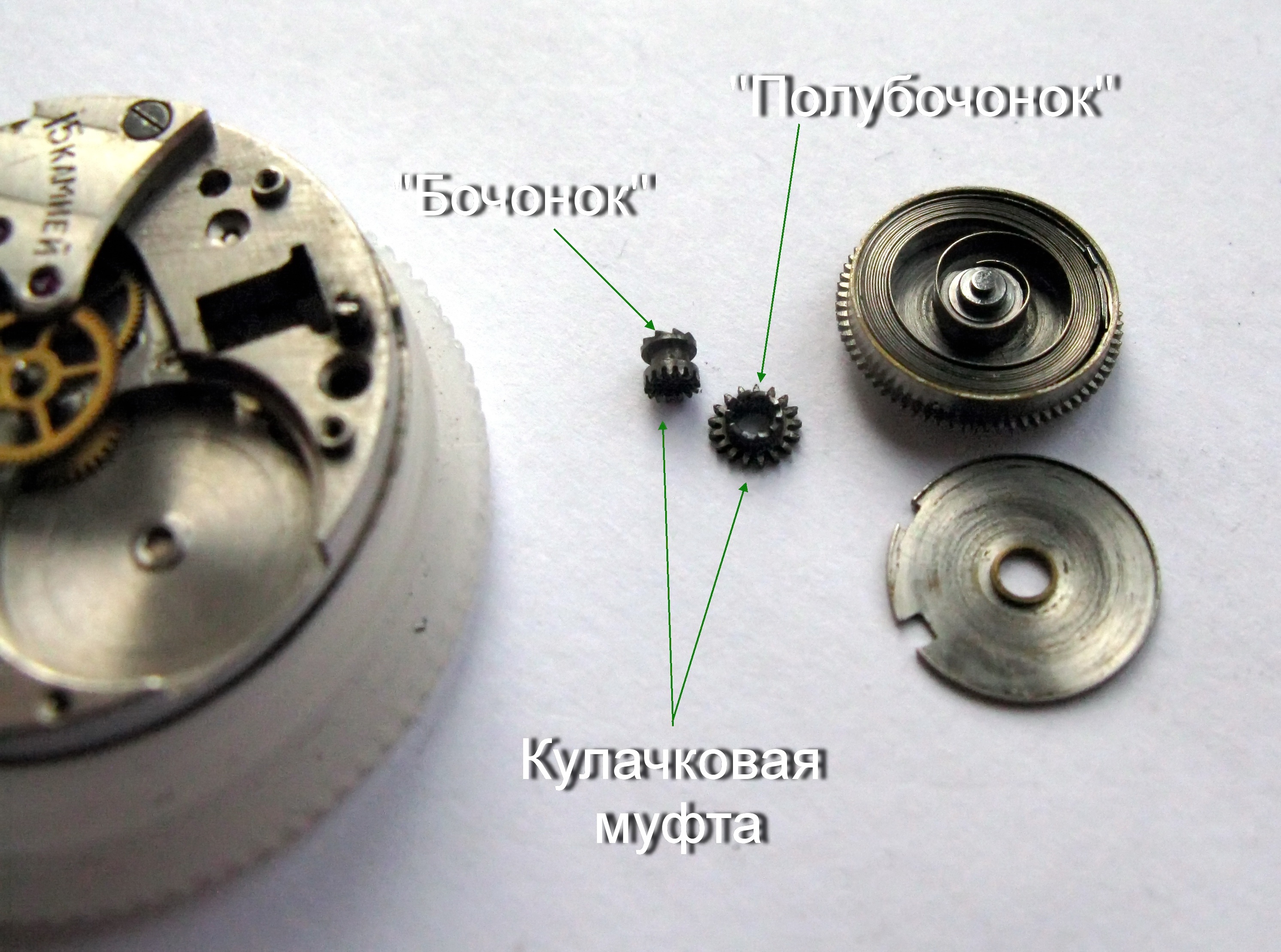 The sliding-cam clutch components and the barrel laid out together.