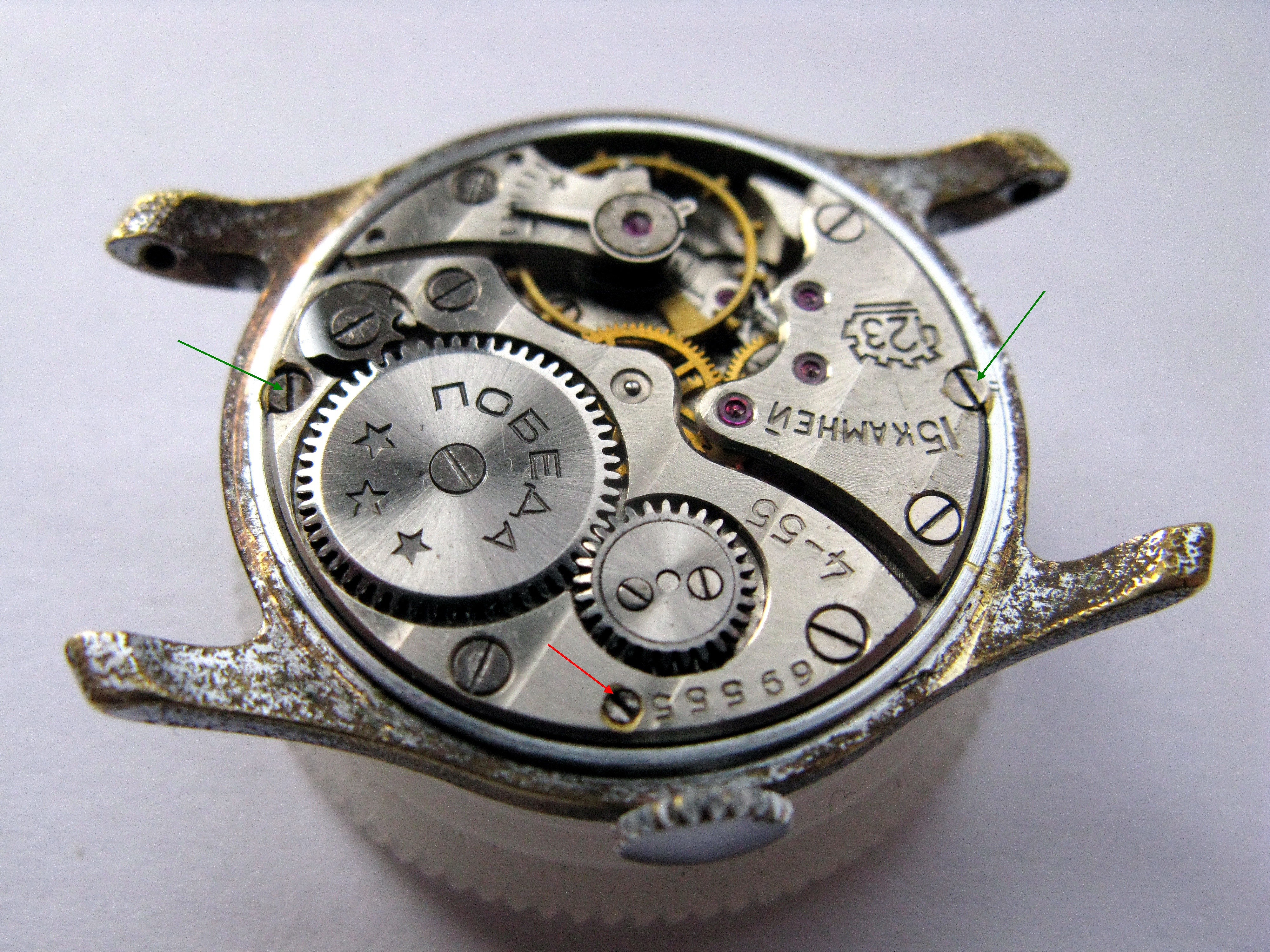 Movement in the case with a red arrow on the stem-retaining screw and green arrows on the case-mounting screws.
