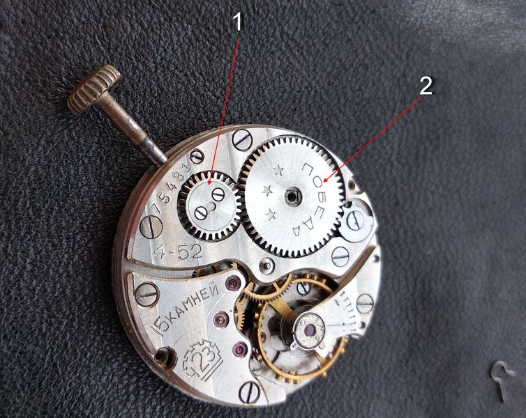 Winding side of the movement with the crown wheel and the ratchet wheel and its click identified by numbered markers