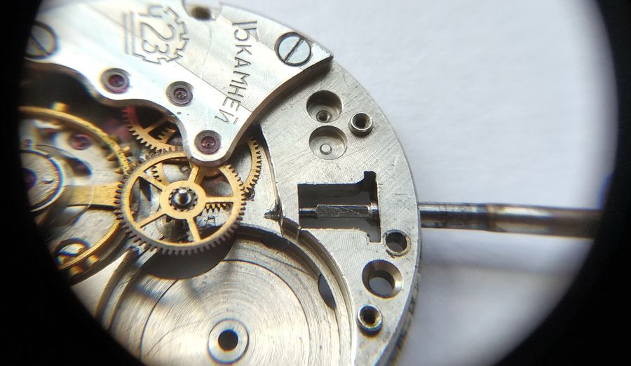 Reverse side of the plate in setting mode, the stem tail protruding from its tunnel