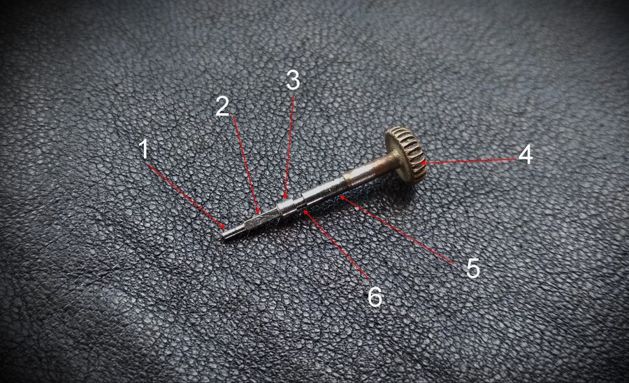 The winding stem photographed lengthwise with its tail, square, cylindrical shoulder, crown seat, axis and lever groove numbered