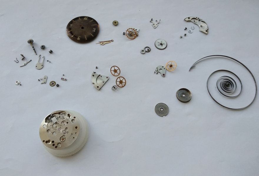 Complete disassembly of the Raketa 2609B movement, all components sorted and laid out on the work surface ready for cleaning
