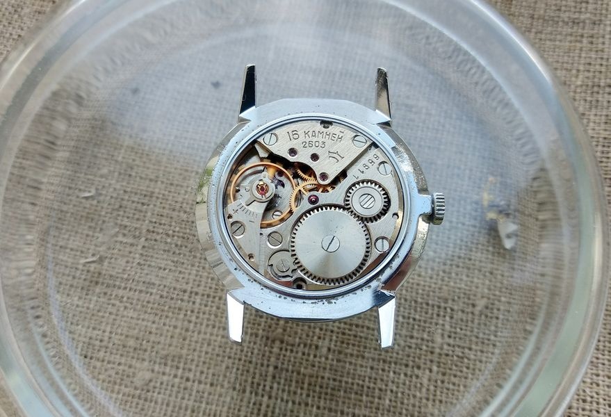 Interior of the Raketa 2603 caliber viewed from the dial side, showing the overall movement layout