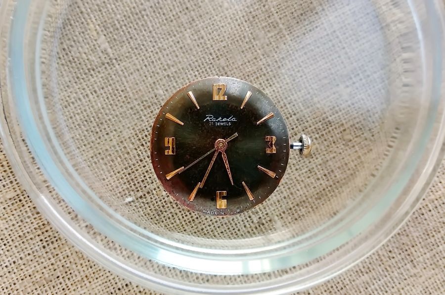 Collection of original Raketa Baltika watch dials from the 2609B production era showing period typography and index layout