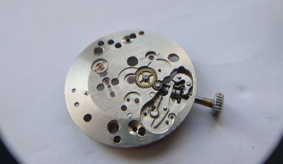 Raketa 2609B keyless works fully reassembled with setting lever, clutch lever, yoke, and spring cover correctly installed