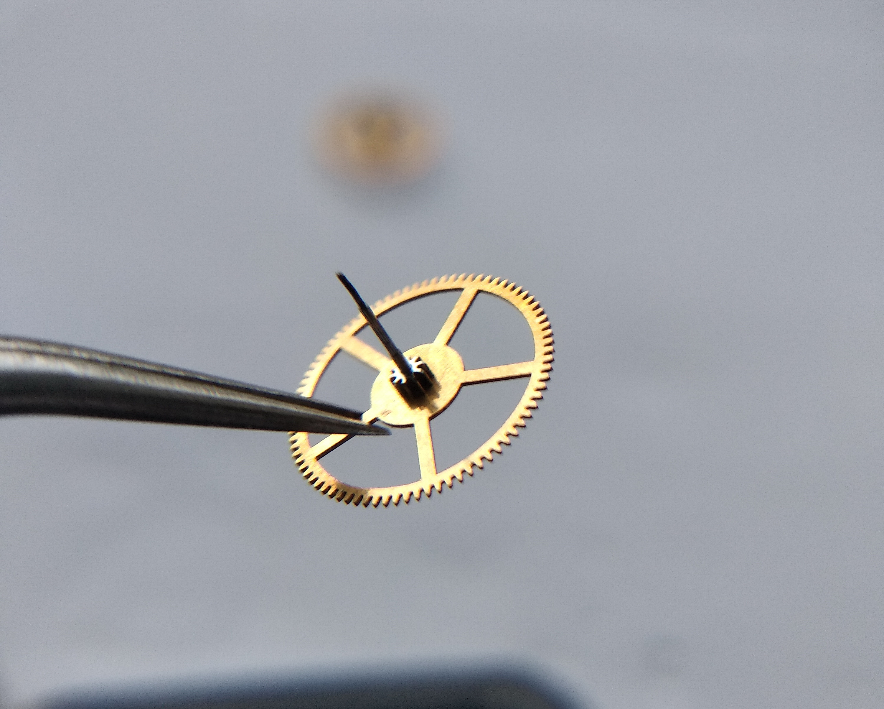 Seconds wheel of the going train shown ready for installation