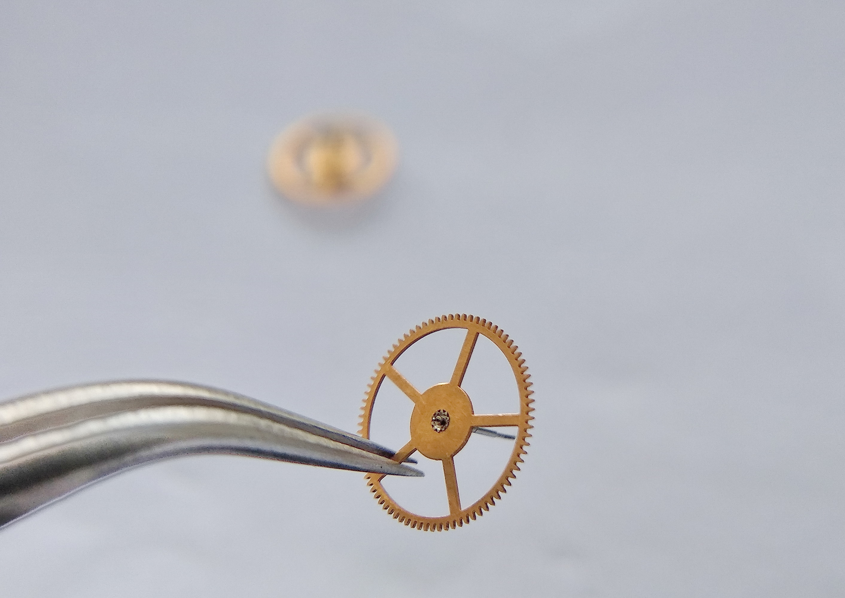 Seconds wheel shown edge-on, highlighting its arbor length