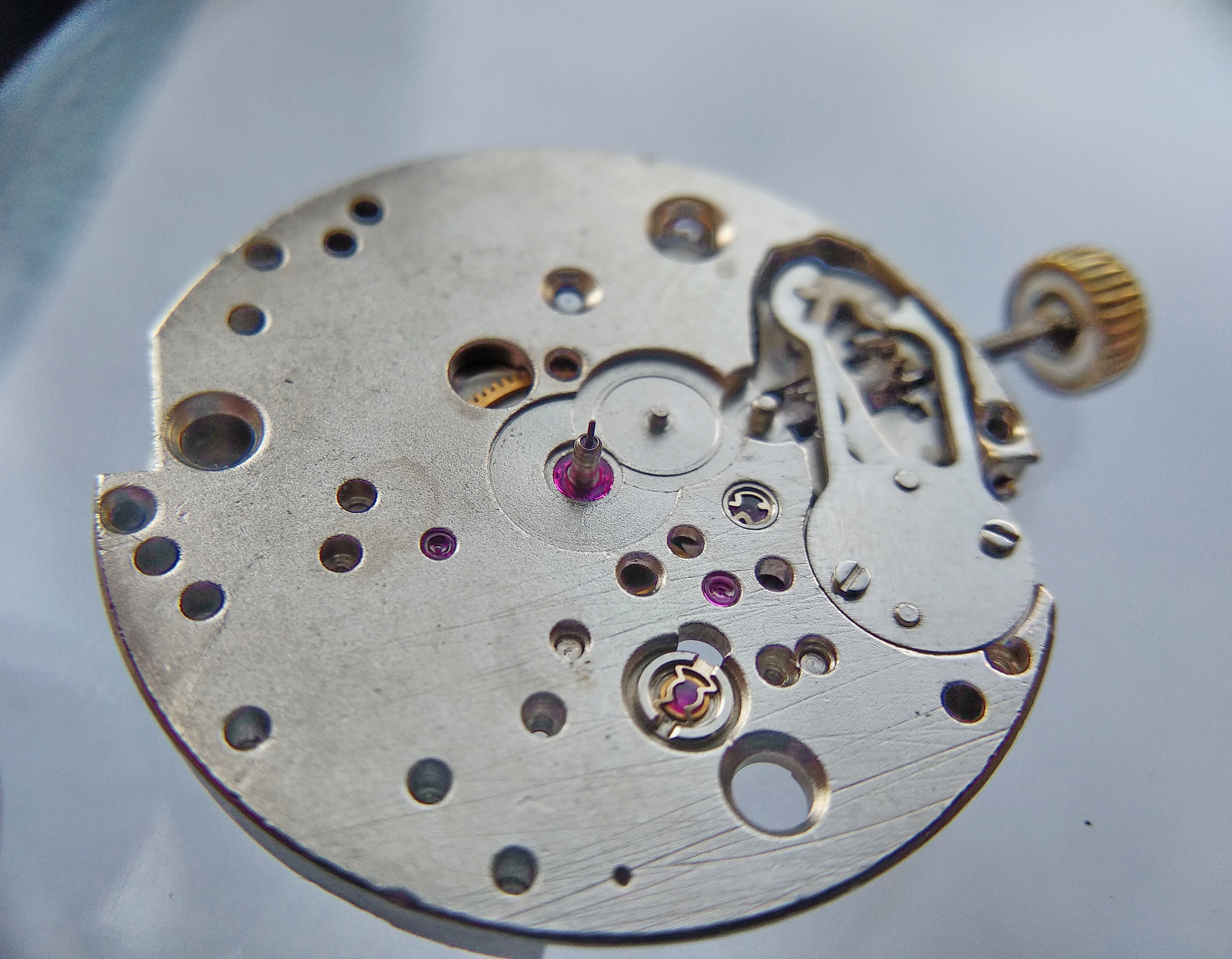 Movement turned back to the dial side to rebuild the motion works
