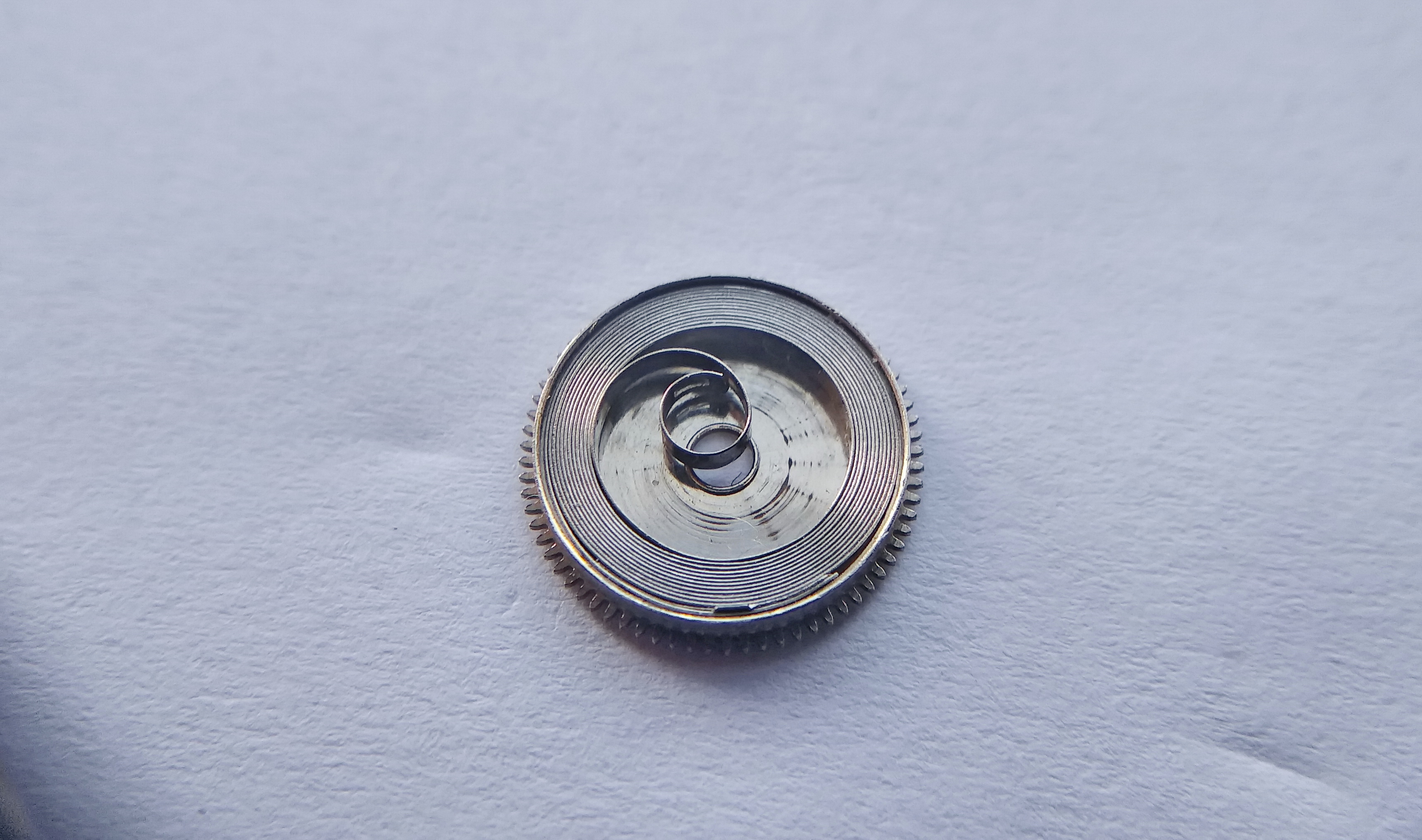 Cleaned S-shaped mainspring being wound by hand into the barrel with gloves on