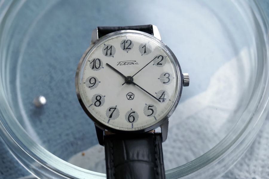 The fully restored Raketa watch shown complete