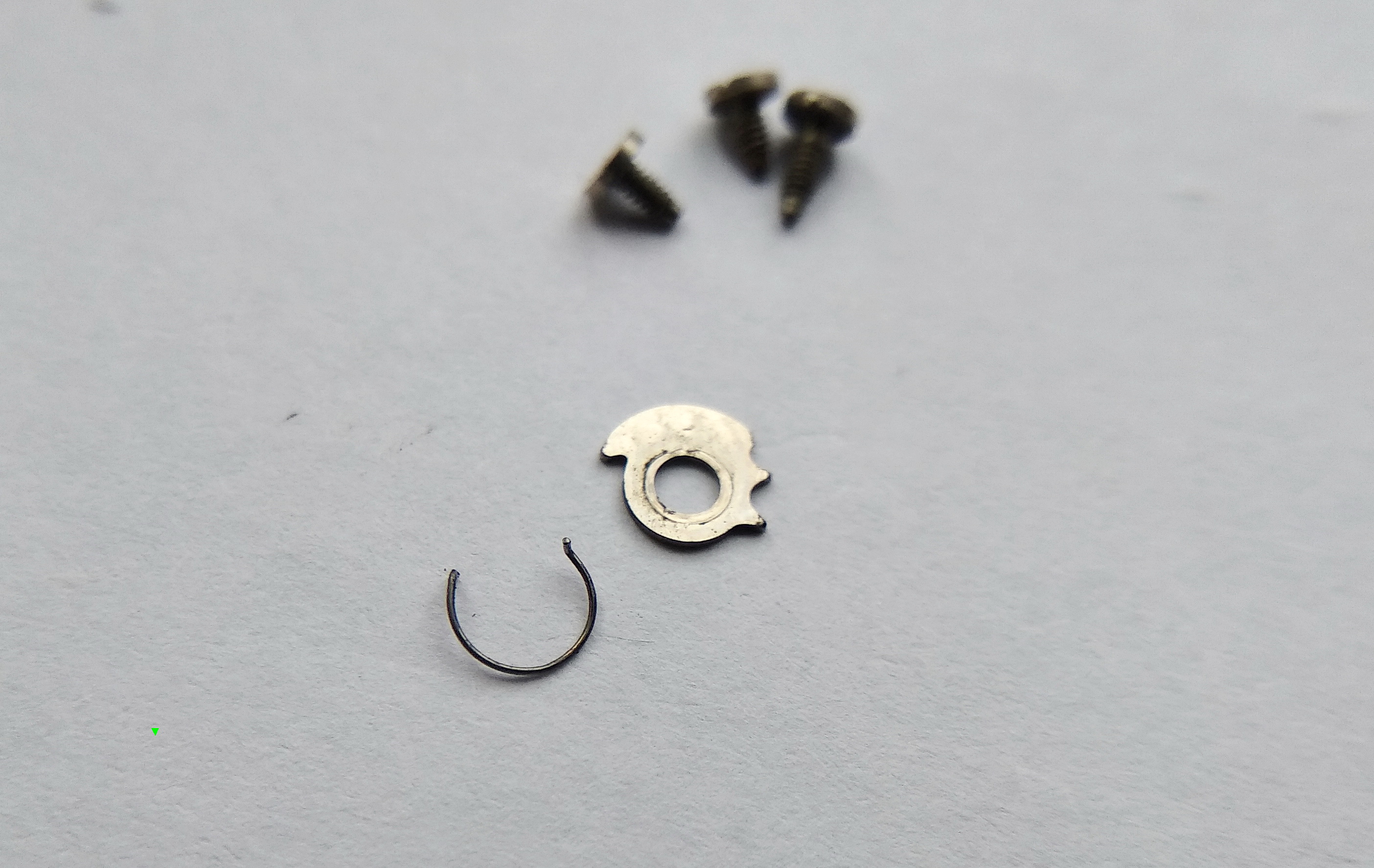 Click components separated: click, click spring, and the long retaining screw
