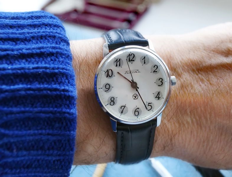 Restored Raketa worn on the wrist after the caseback is snapped shut