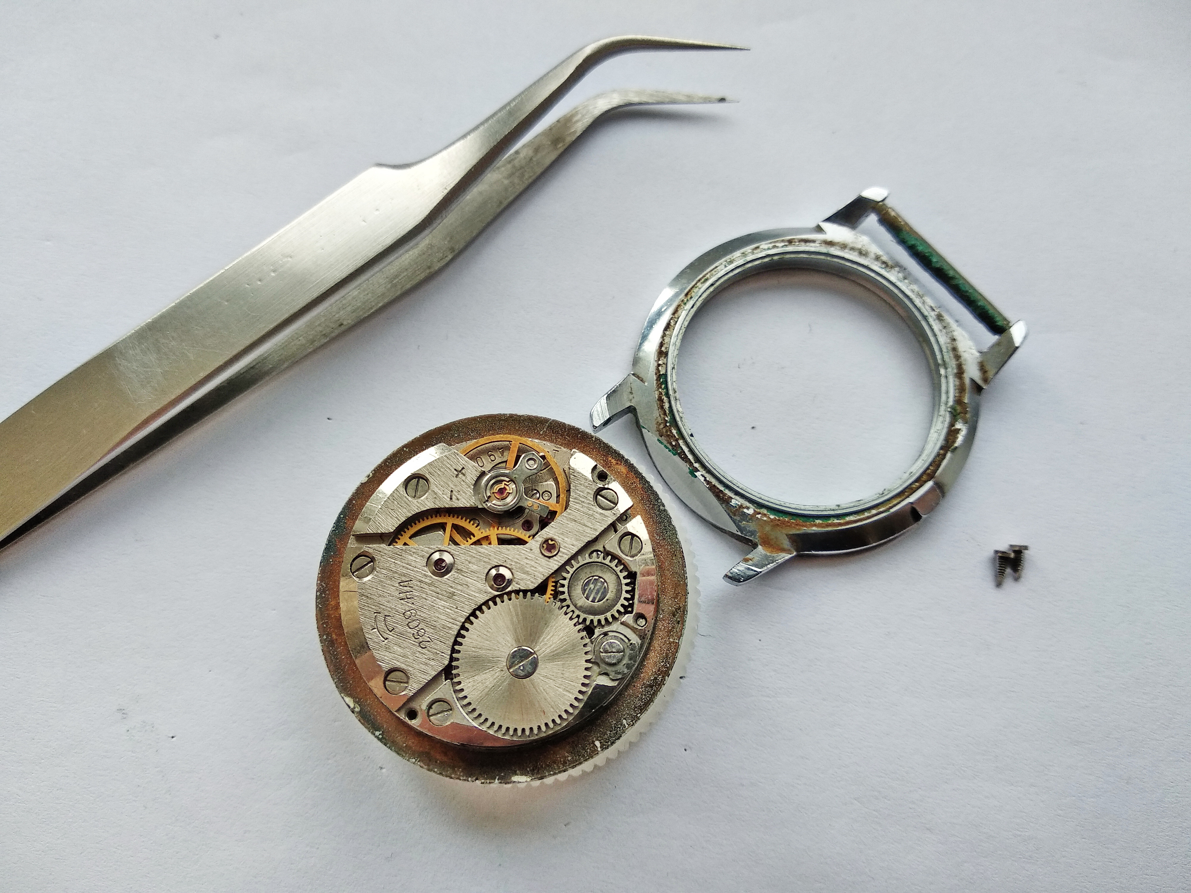 Movement lifted free of the case, thick with accumulated dust and dirt