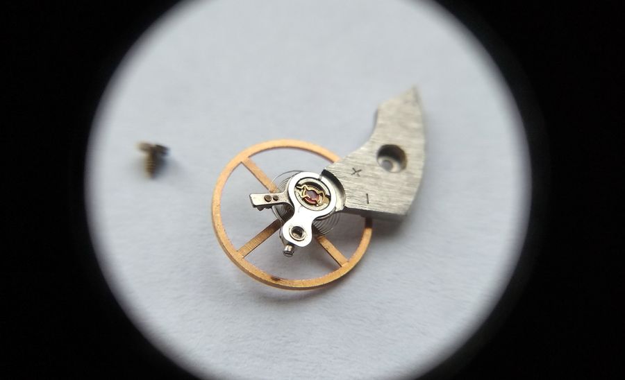 The balance assembly lifted clear of the mainplate with tweezers, the bridge exposed beneath