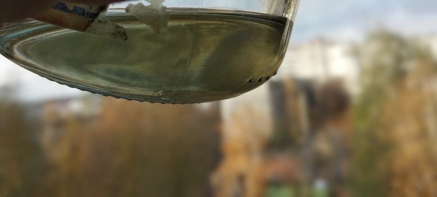 A dish of cleaning benzine discolored after washing the parts, with fine debris floating in it