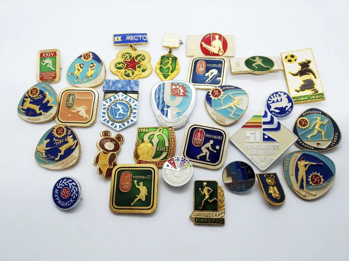 Collection of Soviet sports pins and badges