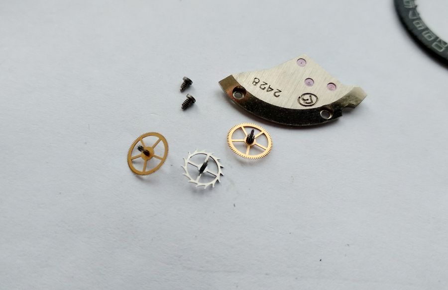 The going-train wheels removed from the plate