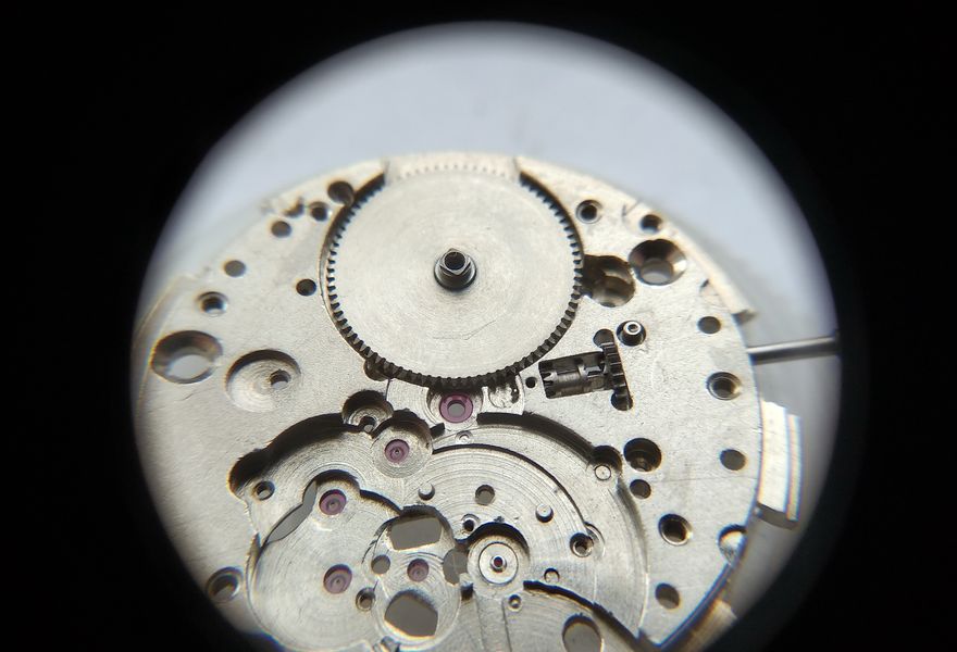 The mainspring barrel installed on the plate