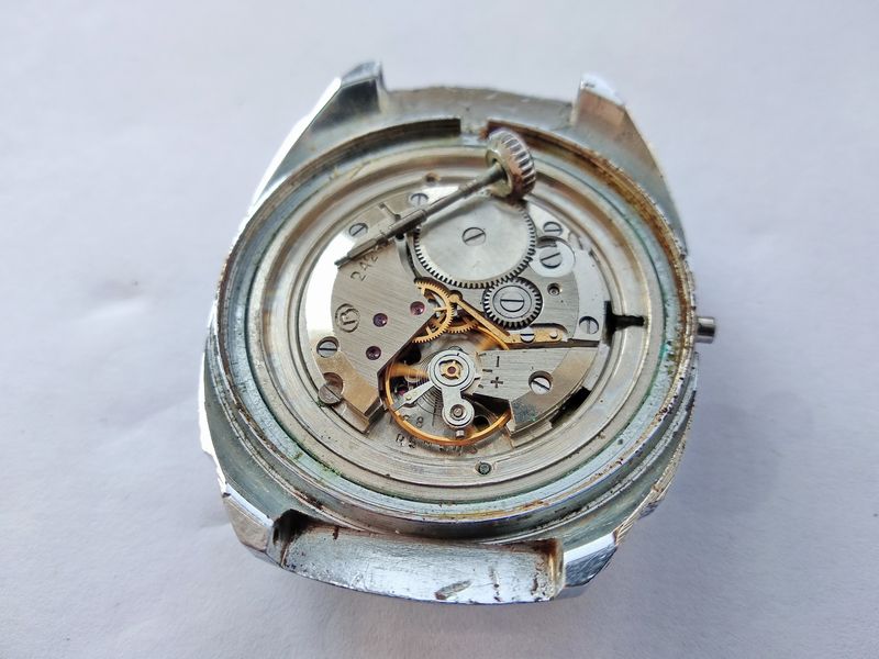 The winding stem withdrawn fully from the movement