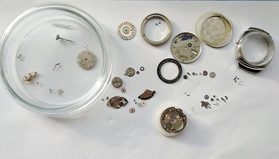 All disassembled movement components spread out before cleaning