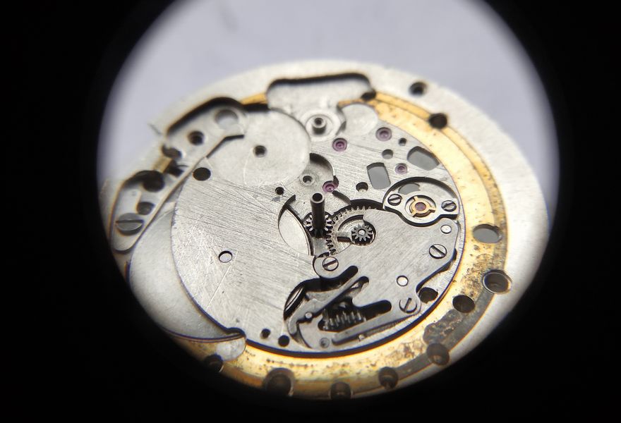 The completed keyless works on the dial side