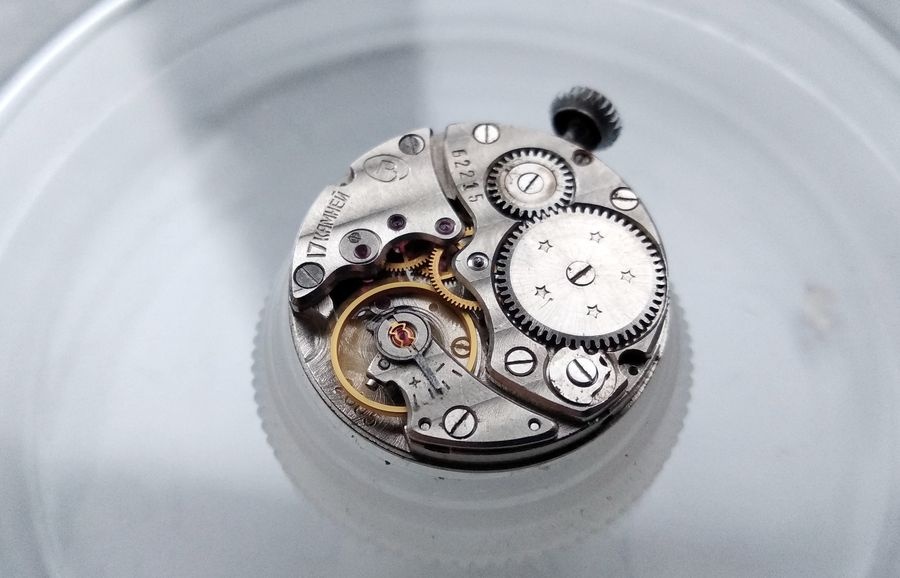 Vostok 2605 movement fully assembled and running with balance oscillating after mainspring wound