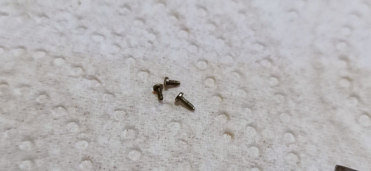 Three barrel-bridge screws on a work cloth, the middle one noticeably longer