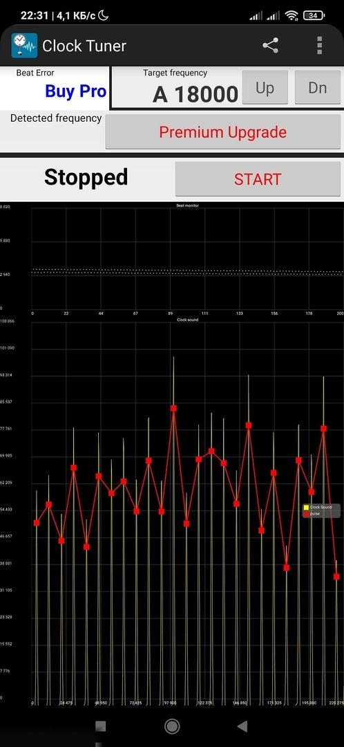 Smartphone timing app displaying an 18000 bph target and a beat-error trace