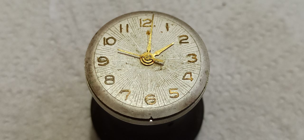 Assembled wristwatch seen dial-up with Arabic numerals and gilt hands, as received