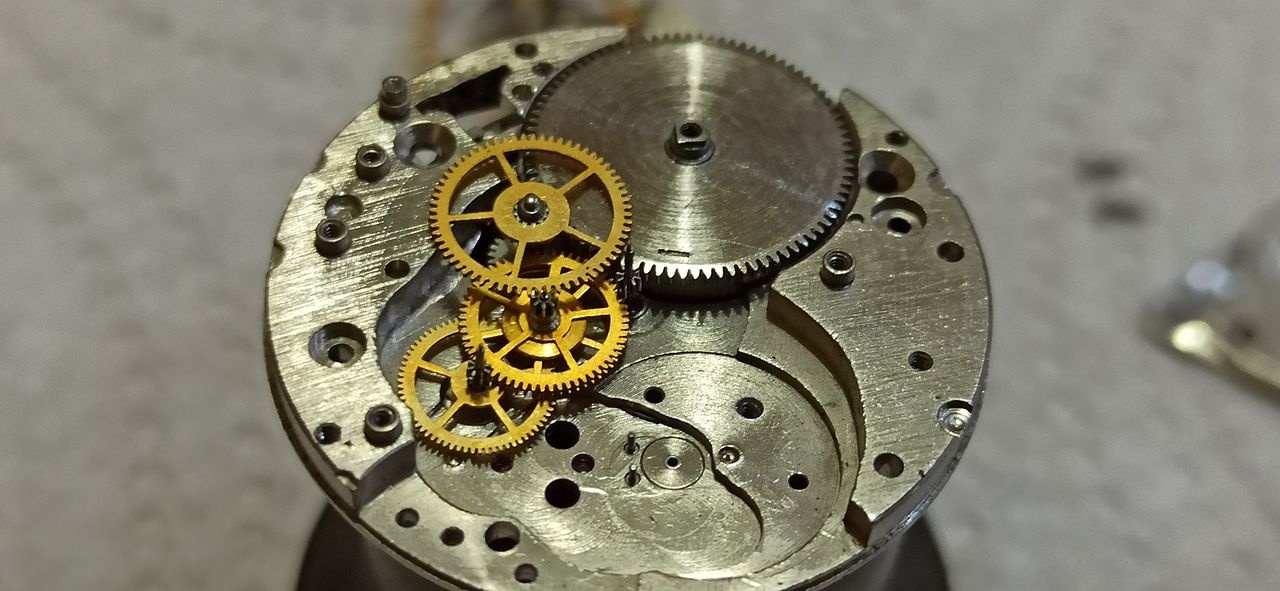 Movement with bridges removed exposing the gilt gear train