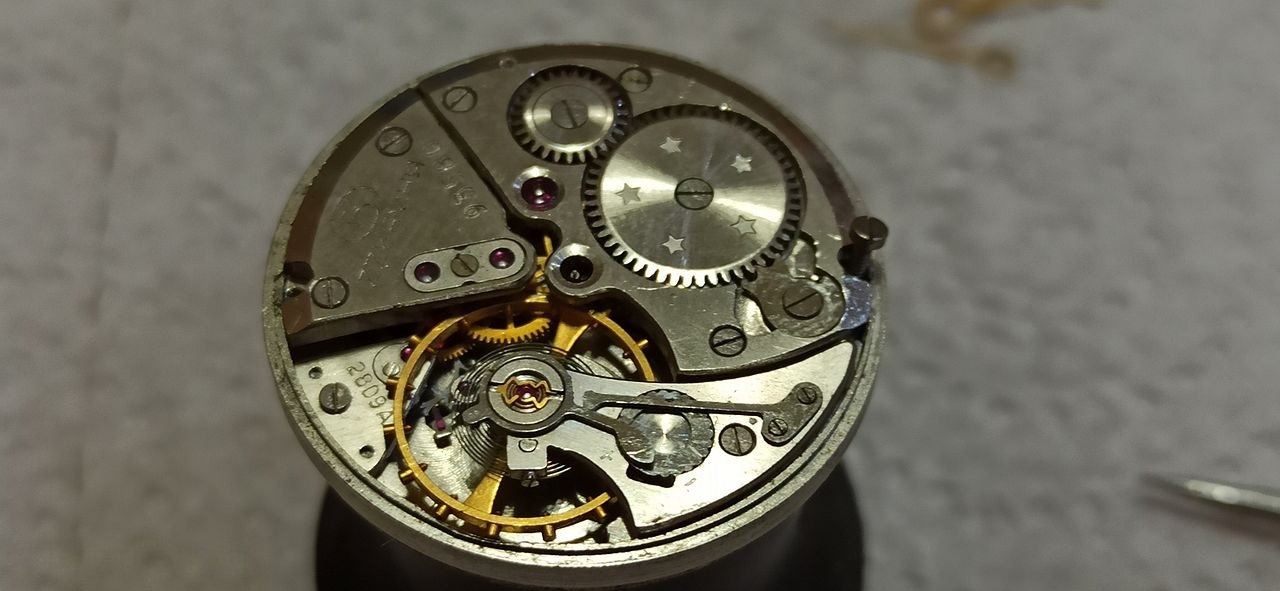 Close view of the movement showing the central seconds arbor and its pivot