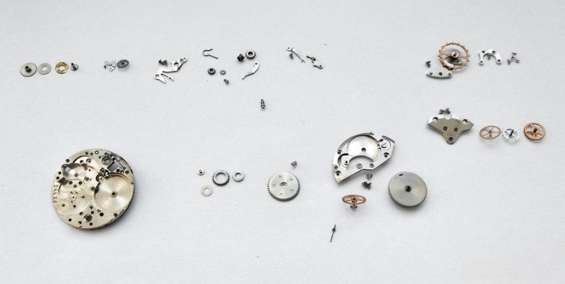 All movement components disassembled and laid out