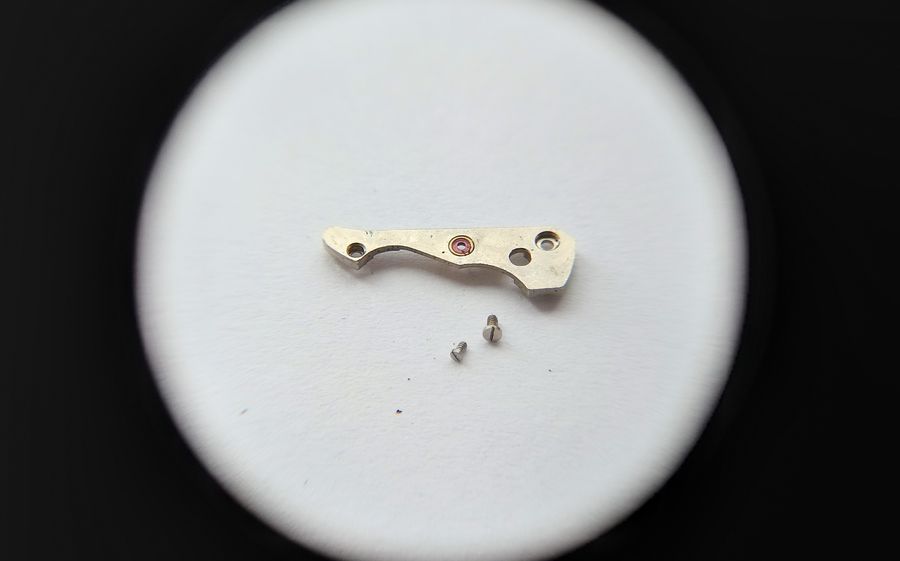 Outer face of the center-wheel bridge showing the jewel set in a chaton forming a combined bearing