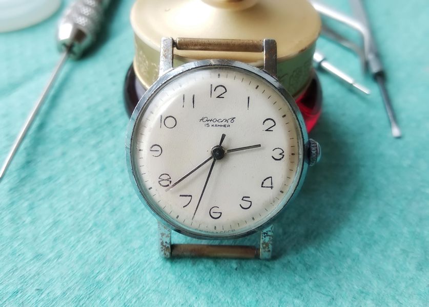 The fully restored Yunost wristwatch, serviced and reassembled