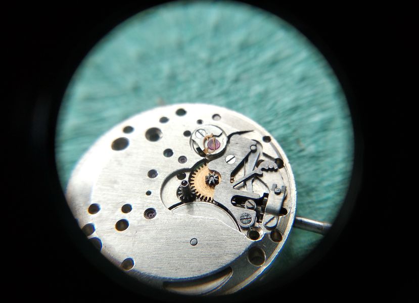 The cap jewel removed from the bushing, exposing the rigidly fixed through-jewel beneath