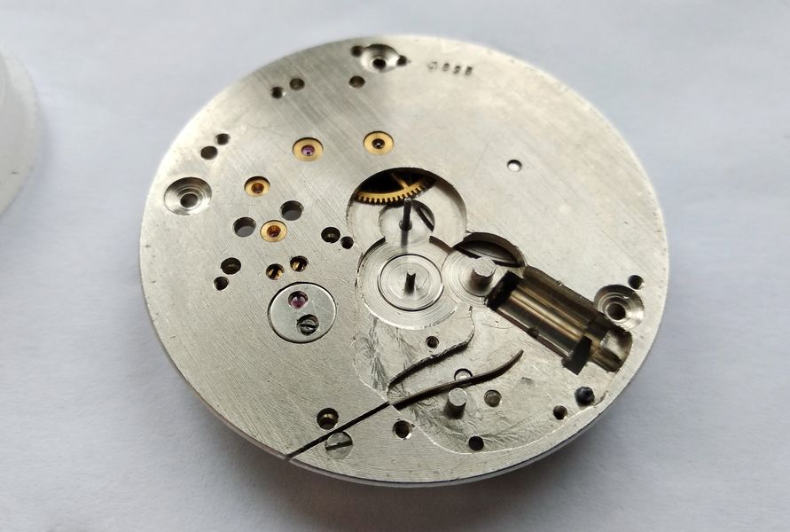 Movement turned to the dial side to rebuild the motion works