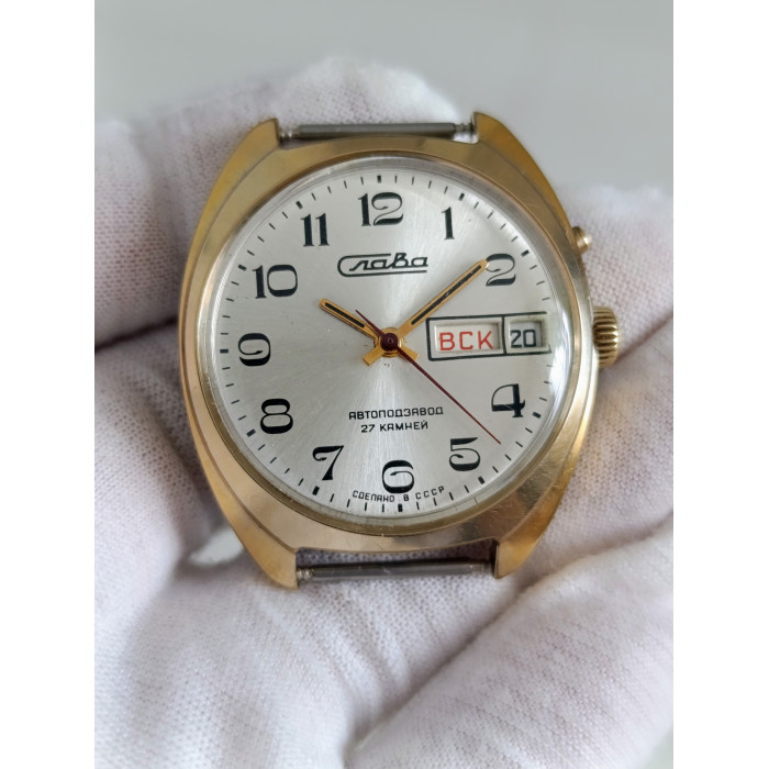 Slava 2427 27-Jewel Automatic USSR Men's Wristwatch, 1980s Gold-Plated