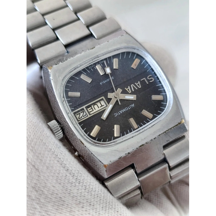 Slava Tank USSR Wristwatch 1980s Men's Automatic 27 Jewels Caliber 2427