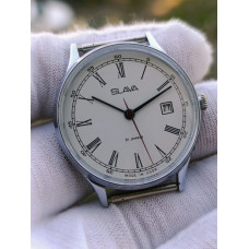 Vintage Slava 2414 · Soviet Manual-Wind Dress Watch · White Roman Dial, Date