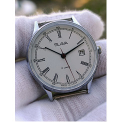 Vintage Slava 2414 · Soviet Manual-Wind Dress Watch · White Roman Dial, Date