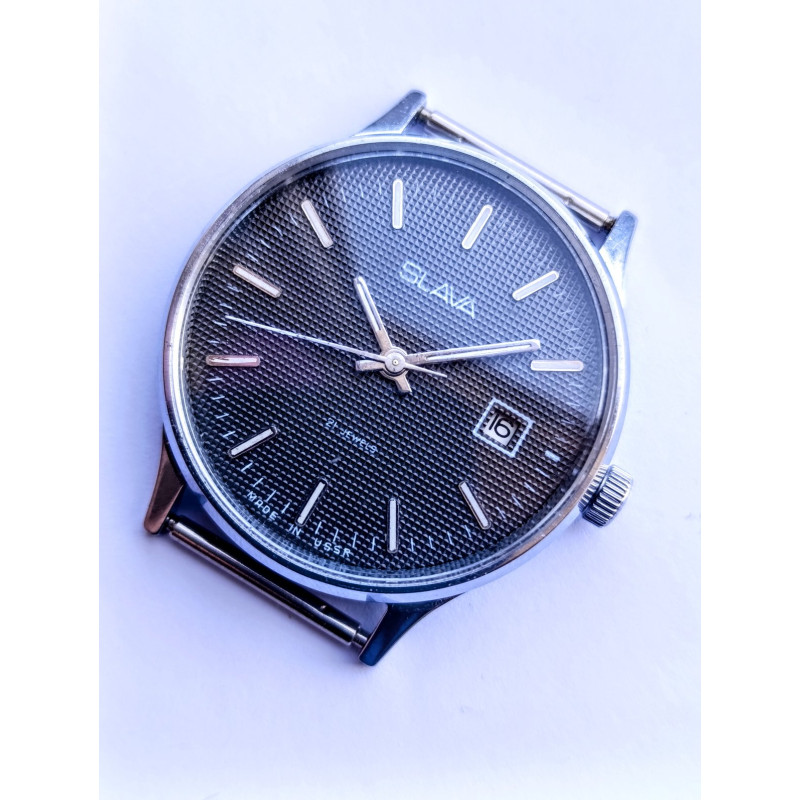Vintage Slava 2414 Soviet Watch – Black Guilloche Dial, 1980s Vintage Slava 2414 Soviet Watch – Black Guilloche Dial, 1980s