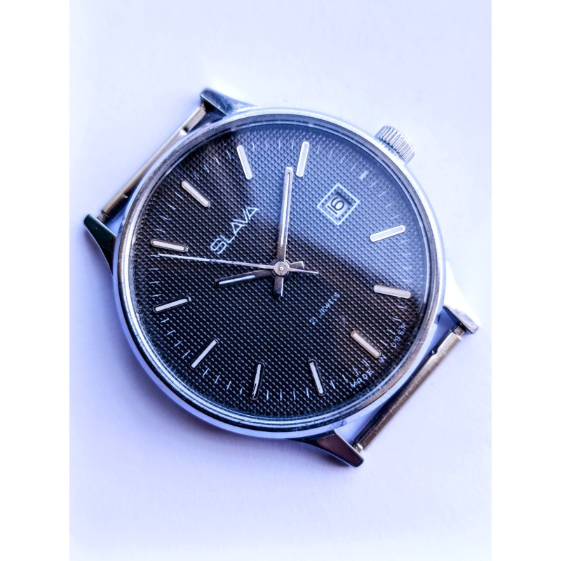 Vintage Slava 2414 Soviet Watch – Black Guilloche Dial, 1980s Vintage Slava 2414 Soviet Watch – Black Guilloche Dial, 1980s