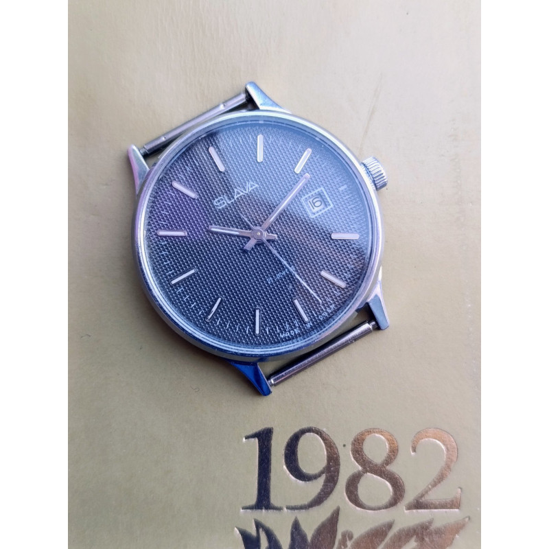 Vintage Slava 2414 Soviet Watch – Black Guilloche Dial, 1980s Vintage Slava 2414 Soviet Watch – Black Guilloche Dial, 1980s