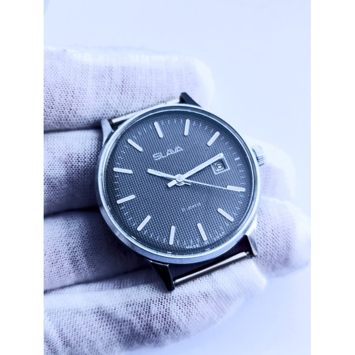 Vintage Slava 2414 Soviet Watch – Black Guilloche Dial, 1980s