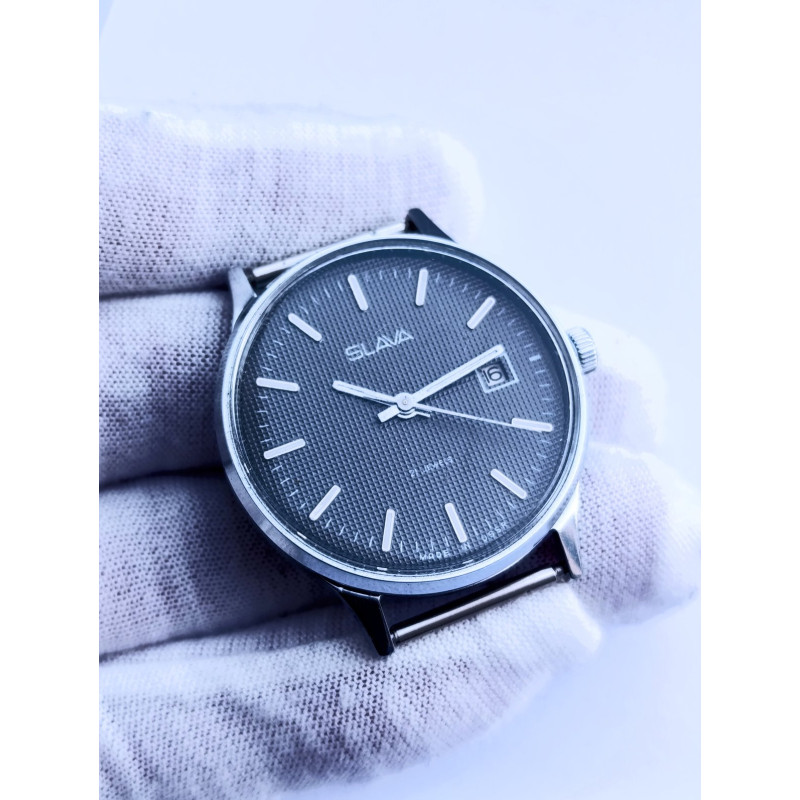 Vintage Slava 2414 Soviet Watch – Black Guilloche Dial, 1980s Vintage Slava 2414 Soviet Watch – Black Guilloche Dial, 1980s