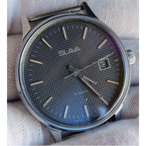 Vintage Slava 2414 Soviet Watch – Black Guilloche Dial, 1980s Vintage Slava 2414 Soviet Watch – Black Guilloche Dial, 1980s