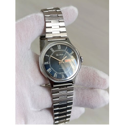 Vintage Slava Soviet Watch USSR Cal 2428 26 Jewels Day Date Navy Dial 1980s 
